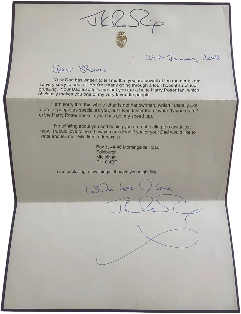 Typed letter from J.K. Rowling dated 24th January 2008 on her letterhead, signed